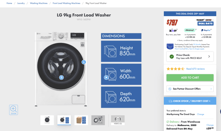 The Good Guys: LG 9kg Front Load Washer (WV5-1409W) – $782 with Price Beat